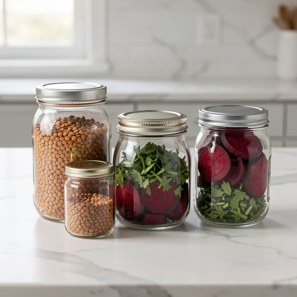 Neatly arranged glass jars and containers of meal-prepped ingredients including cooked lentils, roasted beetroot, and chopped herbs on a pale marble kitchen surface